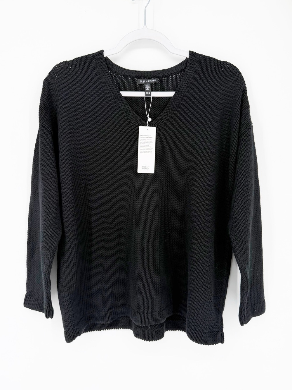 NWT Eileen Fisher Organic Cotton Open Knit Pullover V Neck Sweater Medium Black